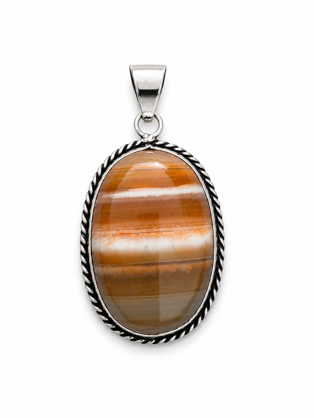 925 Sterling Silver-Framed Brown Striped Agate Pendant